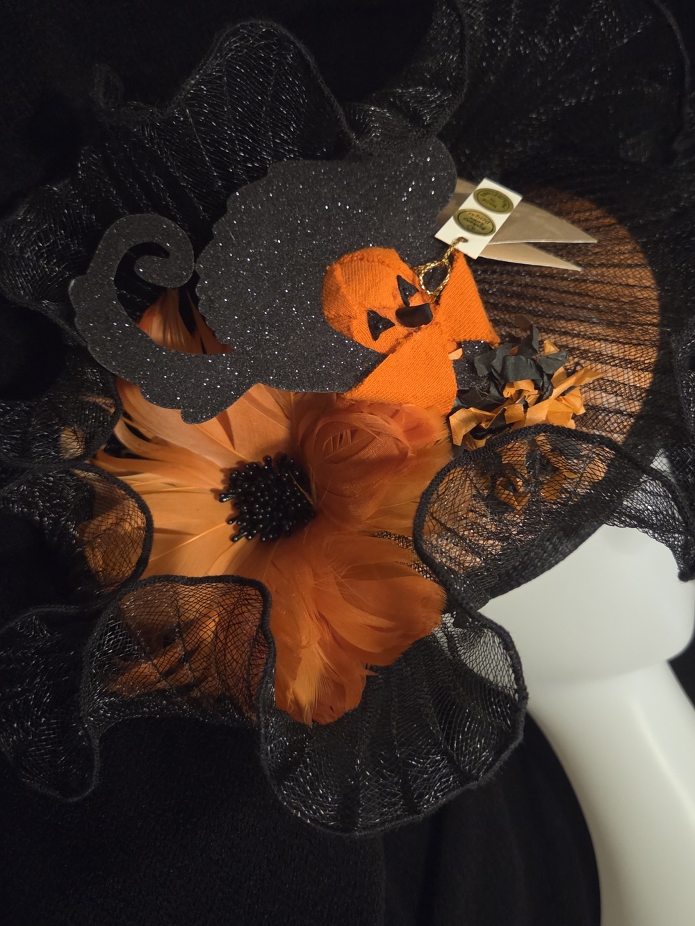 Bethany Lowe Black Cat Orange Feather Flower Halloween Feather Fascinator New